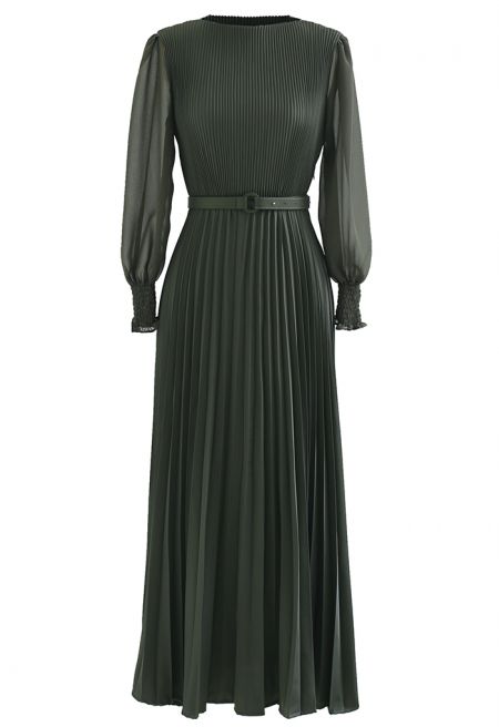 Full Pleated Belted Maxi Dress in Dark Green – UNIQUIV