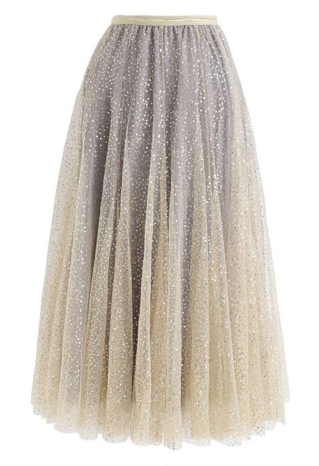 Shimmer Sequins Embroidered Mesh Tulle Pleated Skirt