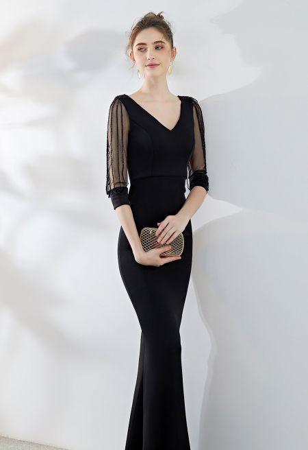 Draped Bead Mesh Sleeve Gown in Black