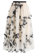 3D Butterfly Double-Layered Mesh Midi Skirt in Cream