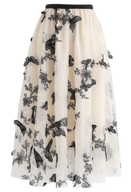 3D Butterfly Double-Layered Mesh Midi Skirt in Cream