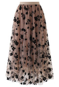 3D Posy Double-Layered Mesh Midi Skirt in Caramel