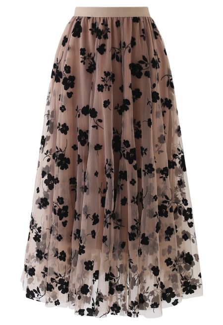 3D Posy Double-Layered Mesh Midi Skirt in Caramel