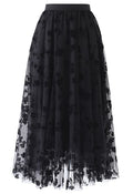 3D Posy Double-Layered Mesh Midi Skirt in Black