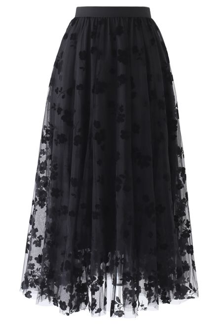 3D Posy Double-Layered Mesh Midi Skirt in Black