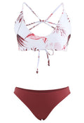 Leaf Print Open Back Bikini Set in Burgundy