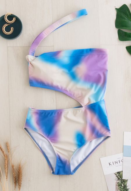 One-Shoulder Cutout One-Piece Swimsuit in Tie-Dye