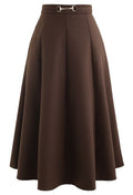 Horsebit Waist Seam Detail Flare Skirt in Brown