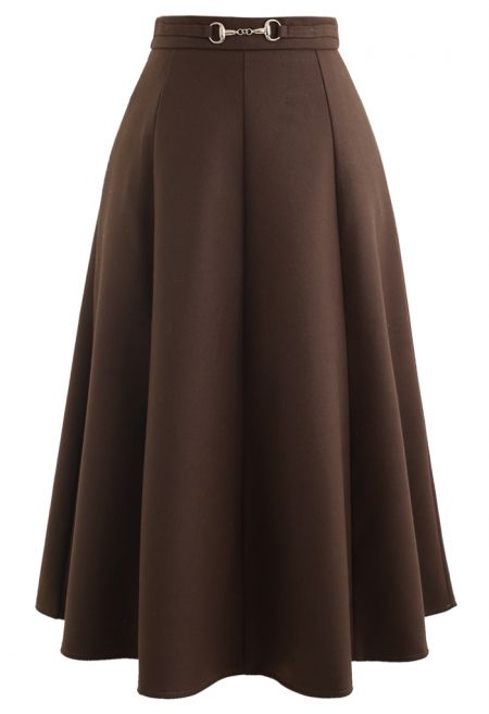 Horsebit Waist Seam Detail Flare Skirt in Brown