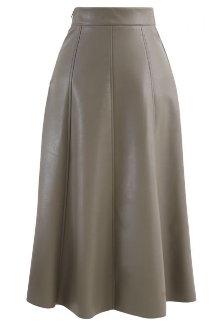 Soft Faux Leather Seamed A-Line Skirt in Taupe