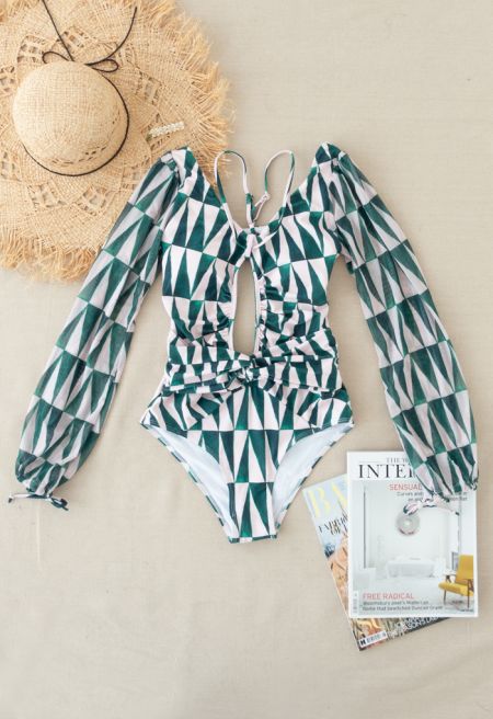 Mesh Sleeve Cut-Out Halter Swimsuit in Green Triangle