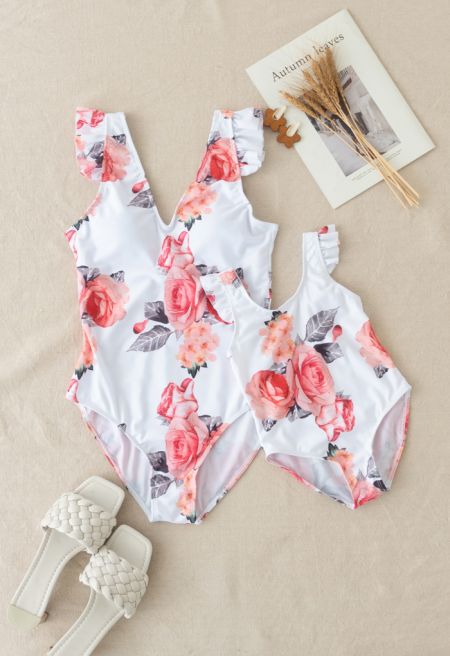 Rose Print Ruffle Detail Swimsuit for Mommy & Kids