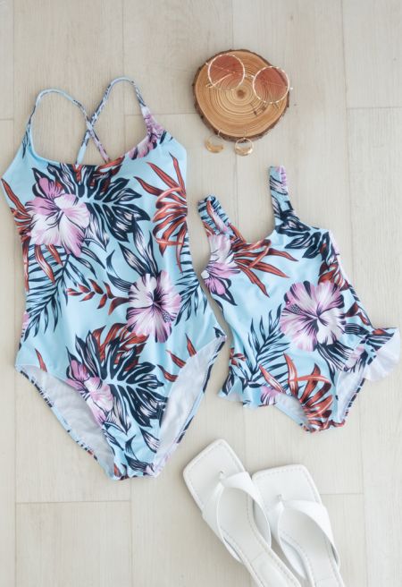 Tropical Floral Print Ruffle Cami Swimsuit for Mommy & Kids