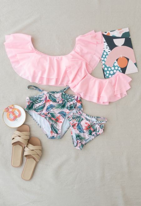 Tiered Shoulder Tropical Print Bikini Set for Mommy & Kids