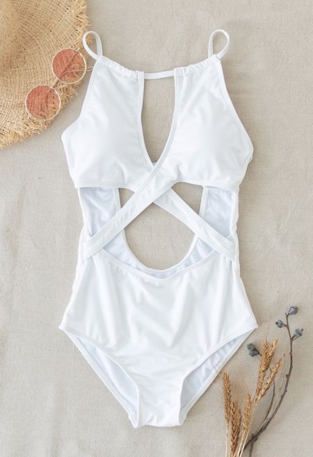 Cross Front Cutout Cami Swimsuit in White