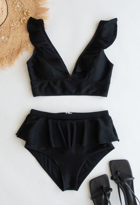 Zippered Back Ruffle Bikini Set in Black