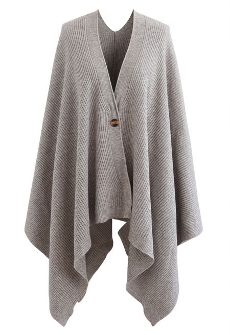 Buttoned Rib Knit Poncho Cape in Taupe