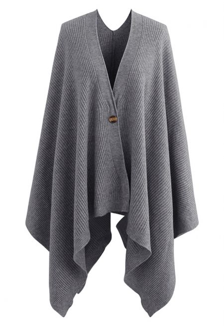 Buttoned Rib Knit Poncho Cape in Grey