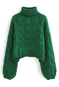 Turtleneck Braid Knit Crop Sweater in Green