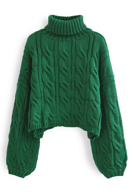 Turtleneck Braid Knit Crop Sweater in Green