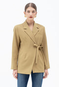 Self-Tie Front Pad Shoulder Blazer in Camel