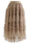 Ruffle Tiered Hi-Lo Mesh Tulle Skirt in Tan