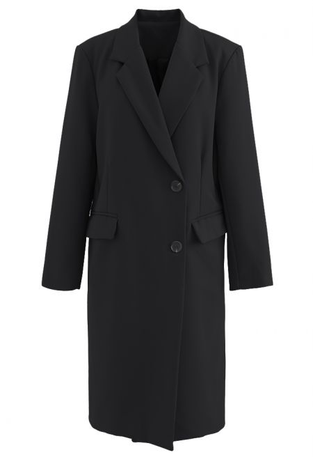Single-Breasted Pocket Longline Coat in Black