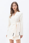 Tie Waist Pleated Pad Shoulder Blazer Dress in Ivory