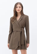 Tie Waist Pleated Pad Shoulder Blazer Dress in Brown