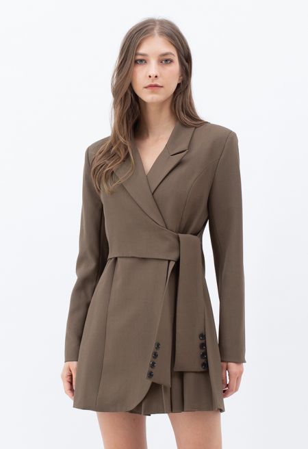 Tie Waist Pleated Pad Shoulder Blazer Dress in Brown