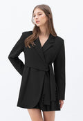 Tie Waist Pleated Pad Shoulder Blazer Dress in Black