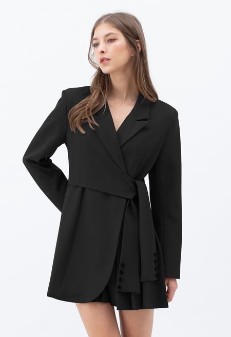 Tie Waist Pleated Pad Shoulder Blazer Dress in Black