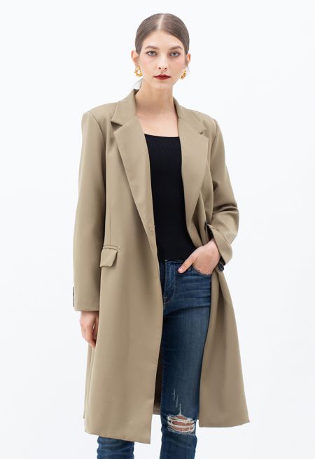 Single-Breasted Pocket Longline Coat in Tan
