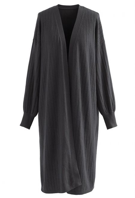 Rib Knitted Open Front Longline Knit Cardigan in Grey