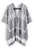 Belted Check Printed Tassel Poncho in Grey