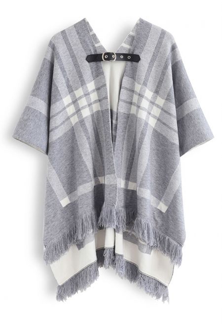 Belted Check Printed Tassel Poncho in Grey