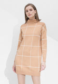 Warm Welcome Grid Turtleneck Sweater Dress in Tan