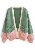 Color Blocked Hand-Knit Chunky Cardigan in Green