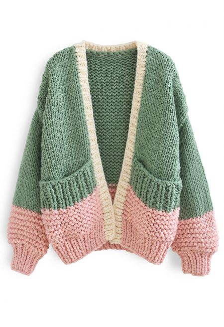 Color Blocked Hand-Knit Chunky Cardigan in Green
