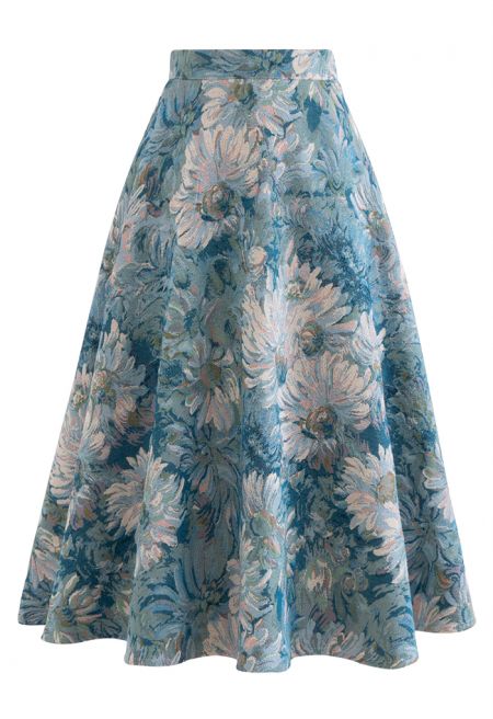 Marguerite Oil Painting Jacquard Midi Skirt