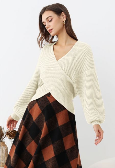 Crisscross Ribbed Knit Crop Sweater in Ivory