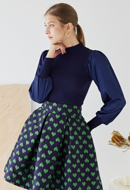 Mock Neck Satin Spliced Knit Top in Navy