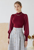 Mock Neck Satin Spliced Knit Top in Burgundy