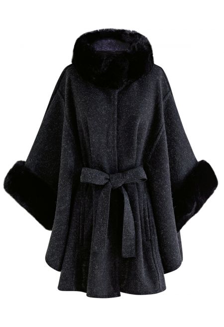 Self-Tie Bowknot Faux Fur Poncho in Black