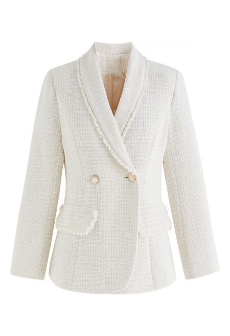 Shawl Collar Fringed Edge Tweed Blazer in Ivory
