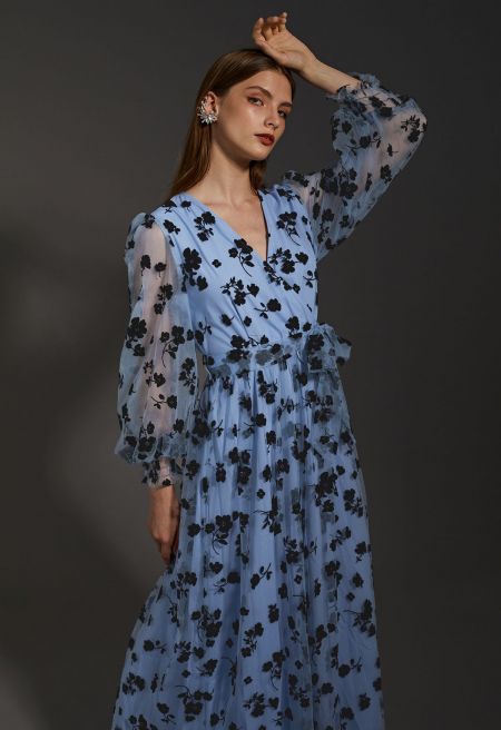 3D Posy Mesh Wrap Maxi Dress in Blue