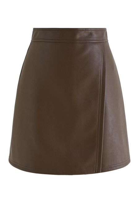 Nifty Faux Leather Flap Mini Bud Skirt in Brown