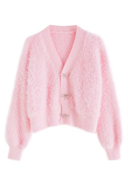 Bowknot Brooch Fuzzy Knit Cardigan in Pink