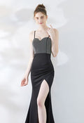 Crystal Embellished High Slit Satin Gown in Black