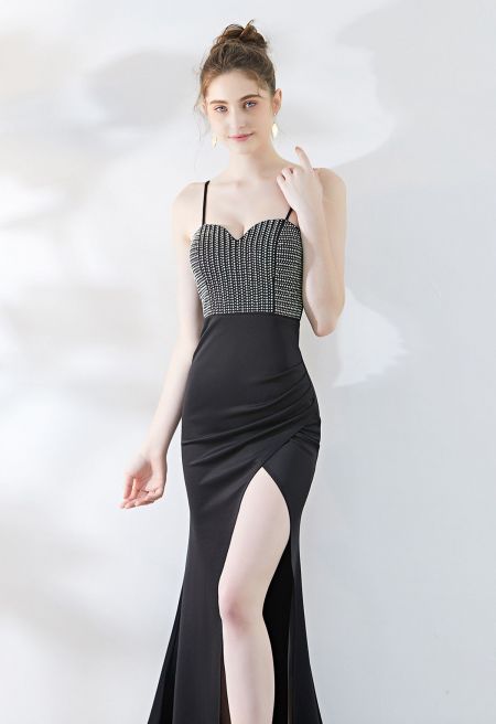Crystal Embellished High Slit Satin Gown in Black